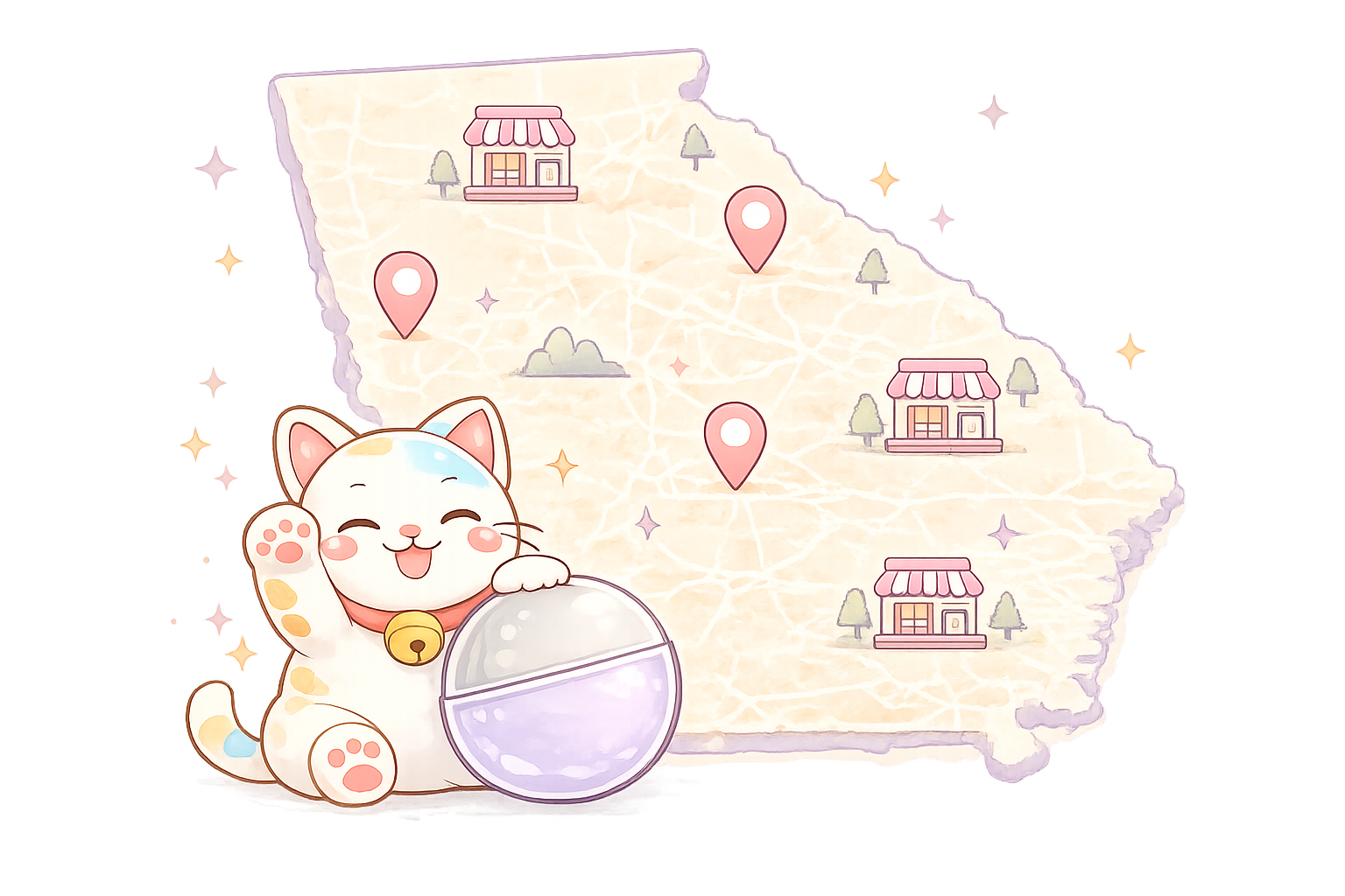 Illustrated Lucky Cat Capsules map with pins, cat, and capsule machine